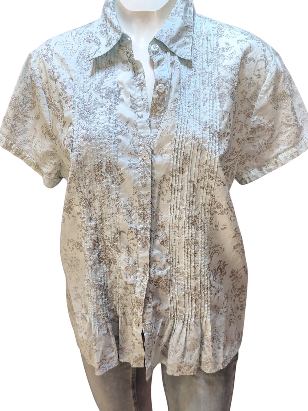 Antilia Femme Cream and Taupe Floral Pintuck Button-Down Shirt